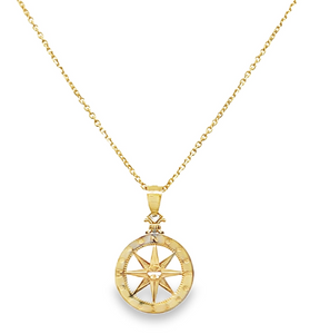 14Y Diamond Illusion Compass Pendant on 1.1mm Cable Chain 18"