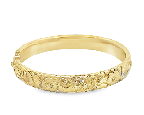 14Y 10mm Floral Swirl Pattern Bangle Hinged Bracelet