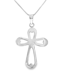 Sterling Silver Cross Pendant with Open Heart Design on 1.3mm Chain 18"