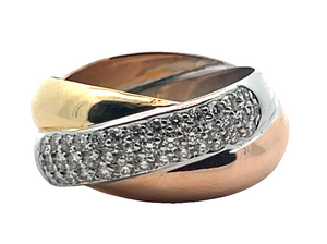 18KT Triple Tri-gold .60cts Pave Diamond Ring sz 7.5