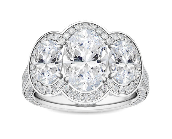 14W Lab Grown 3 Stone Oval Diamond Engagement Ring with Round Brilliant Cut Halo and Accents sz 6.5