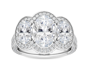 14W Lab Grown 3 Stone Oval Diamond Engagement Ring with Round Brilliant Cut Halo and Accents sz 6.5