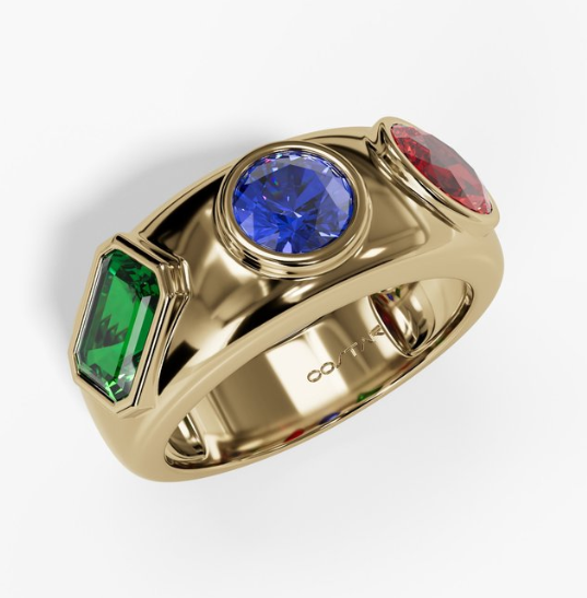 14Y Bezel Set Lab Grown Emerald Cut Emerald, Round Sapphire, Oval Ruby Band sz 7
