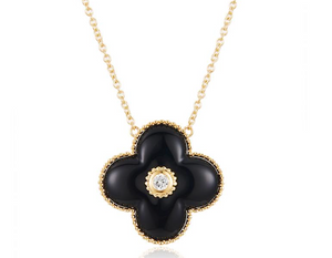 14Y Black Onyx Van Cleef Style Pendant with Bezel Diamond on Cable