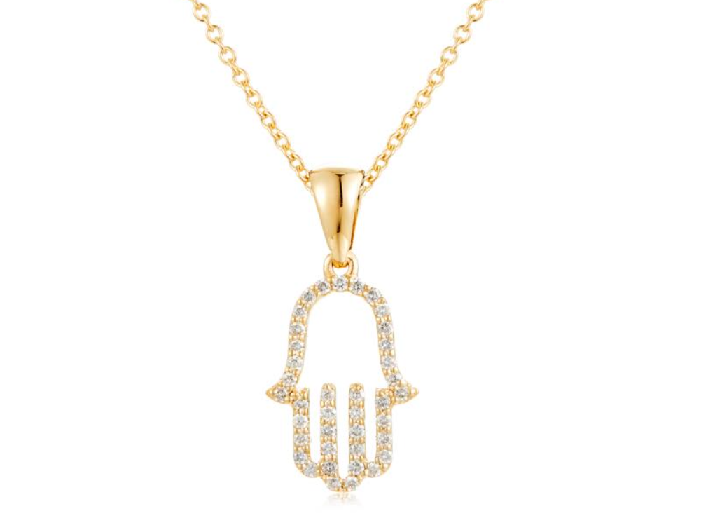 14Y Pave' Diamond Hamsa Pendant .19ctw