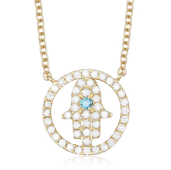 14Y Diamond Hamsa with Round Sapphire Pendant with Diamond Circle Halo on Yellow Gold Cable Chain 18"