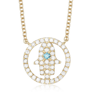 14Y Diamond Hamsa with Round Sapphire Pendant with Diamond Circle Halo on Yellow Gold Cable Chain 18"