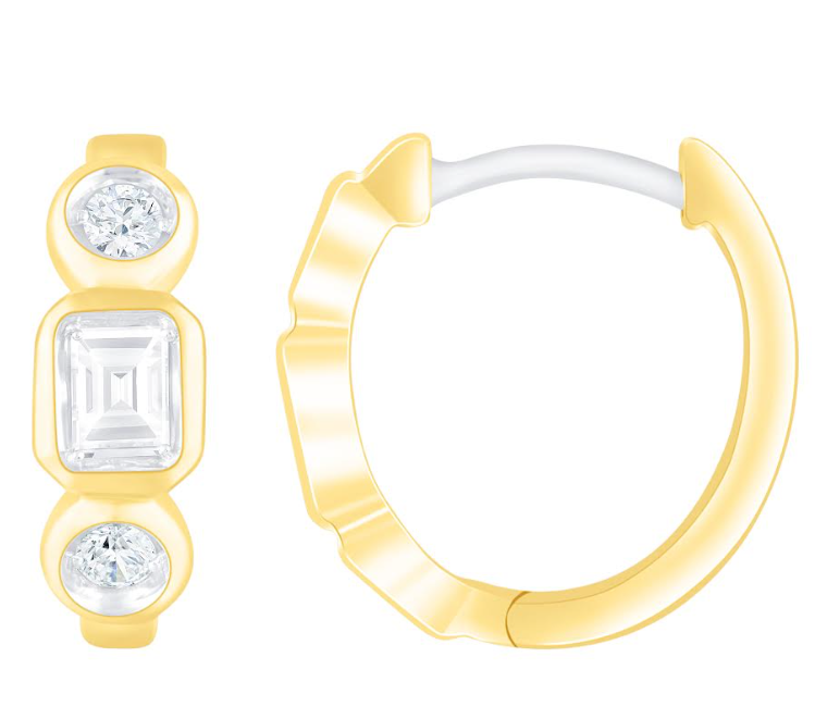 14Y Bezel Set Round and Emerald Cut Diamond Hoop Earrings .49ctw