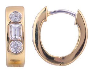 14Y Flush Set Round and Emerald Cut Diamond Huggie Earrings .49ctw