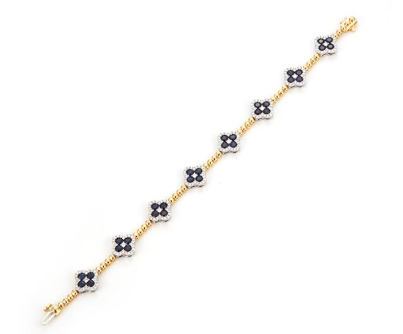 14Y Van Cleef Style Round Sapphire with Diamond Halo Station Bead Bracelet 7" 5.87ctw