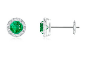 14W Round Emerald and Diamond Halo Stud Earrings