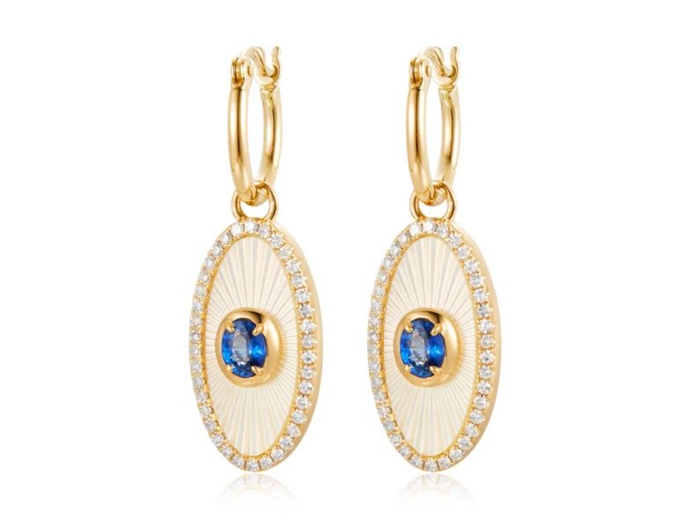 14Y Oval Fancy Cut Mother of Pearl, Oval Sapphire and Diamond Halo Dangle Earrings 5.29ctw