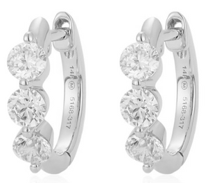 14W Shared Prong 3 Round Diamond Hoop Earrings