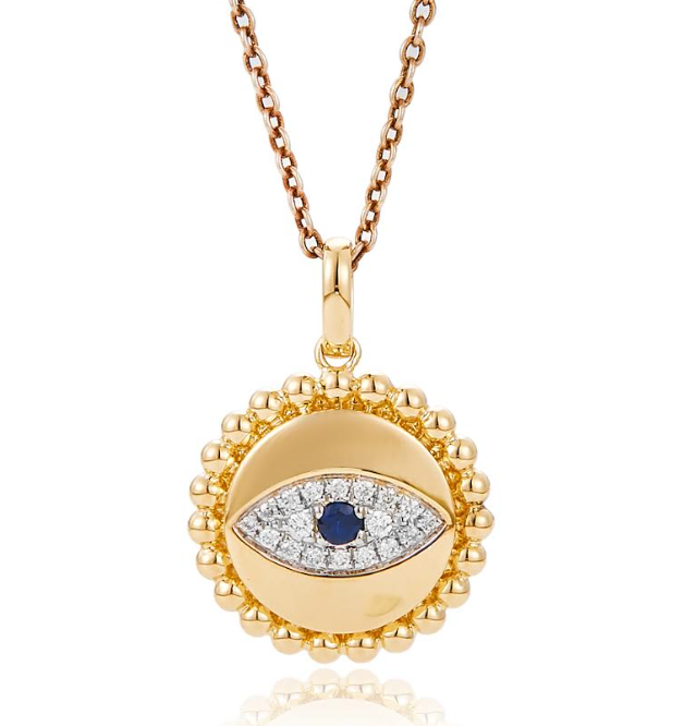 14Y Round Disc with Pave' Diamonds and Round Sapphire Evil Eye Center Pendant