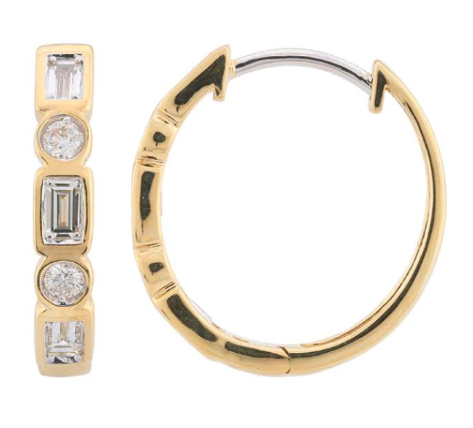 14Y Bezel Set Straight Baguette and Round Diamond Hoop Earrings