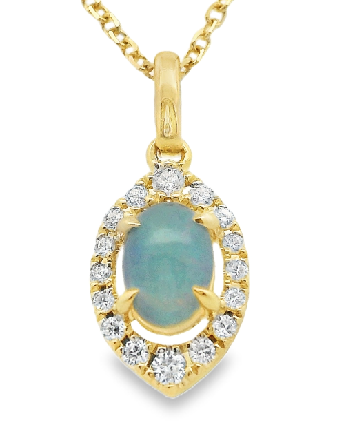 14Y Oval Opal and Diamond Halo Pendant .38ctw