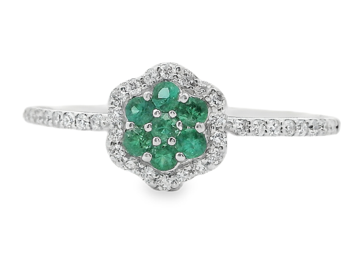 14W Round Emerald/Diamond Clover Ring with Diamond Shank .30ctw sz 6.75