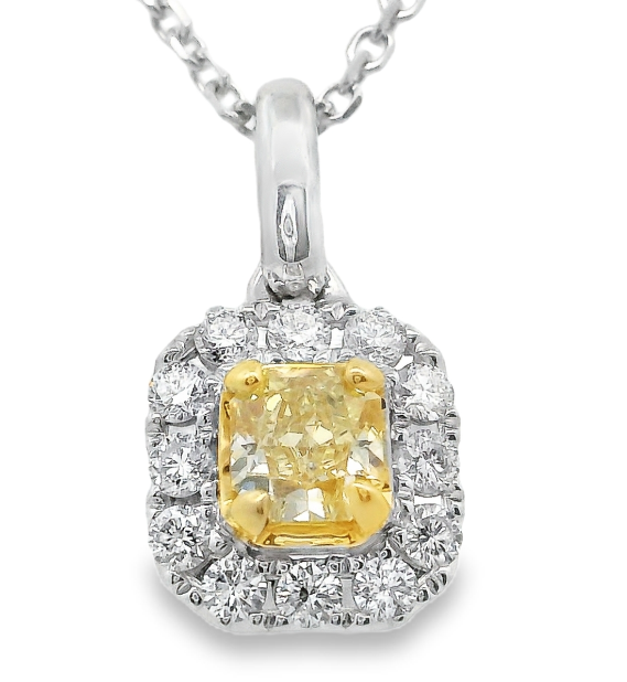 18T Cushion Yellow with Round White Diamond Halo Pendant .38ctw
