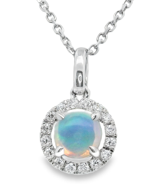 14Y 5mm Opal with Bead Set Diamond Halo Pendant .40ctw
