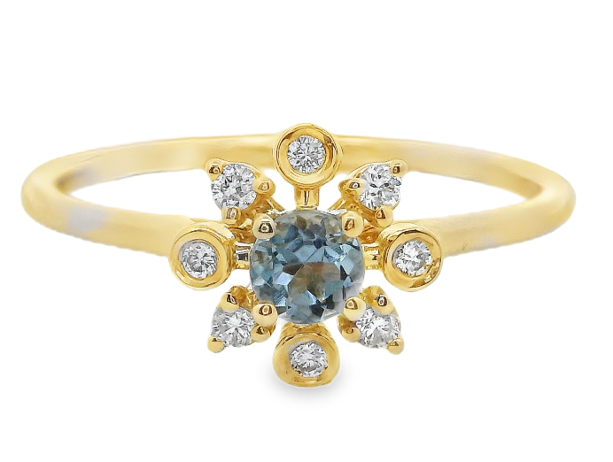 14Y Round Aqua with Bezel and Prong Set Round Diamond Halo Ring .26ctw sz 6.5