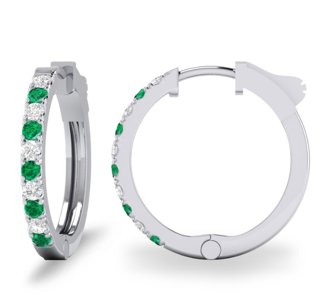14W Alternating Rd Diamond/ Emerald Clicking Hoop Earrings