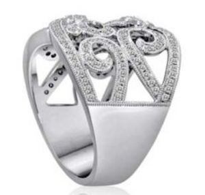 14W Wide Milgrain Open Swirl Filigree Beadset Diamond Ring  164D=.61ctw