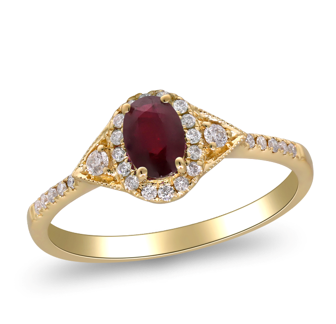 14Y Oval Ruby Diamond Halo Triangle Sides Petite Ring  R=.51ct 28D=.17ctw