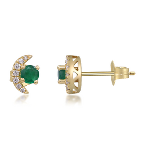14W Crescent Moon Diamond and Rd Emerald Stud Earrings