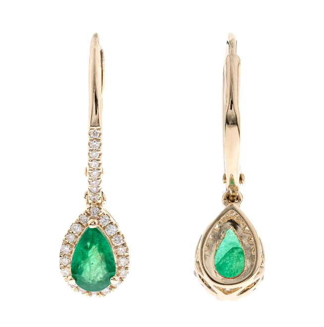 14Y P/S Emerald and Rd Diamond Halo Dangle Leverback Earrings   2E=.71cts 58D=.27ctw