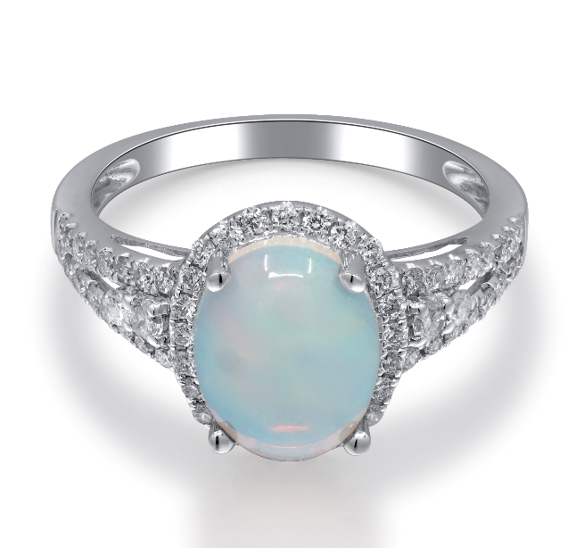 14W Oval Ethiopian Opal with Diamond Halo and Split Shank Size 7