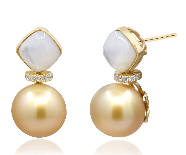 14Y 10mm Golden SS Pearls with Mother of Pearl Cab and Diamond Accent Earrings