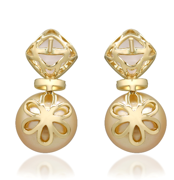 14Y 10mm Golden SS Pearls with Mother of Pearl Cab and Diamond Accent Earrings