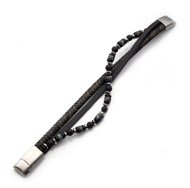 8-8.5'' Multi-Strand Bracelet, Blk & Gry Leather and Gemstone Beads   w/ Blk Onyx & White Howlite Stone