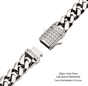 St.St. 8mm 8" Cuban Bracelet with LG Diamonds on Box Clasp  35D=.16ctw