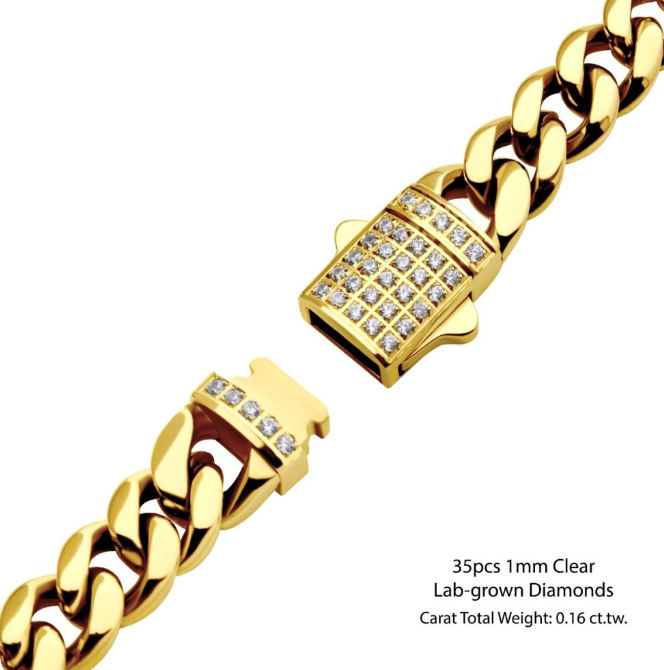 St.St 18YGP 8.5" Cuban Bracelet with LG Diamonds on Clasp 8mm  35D=.16ctw