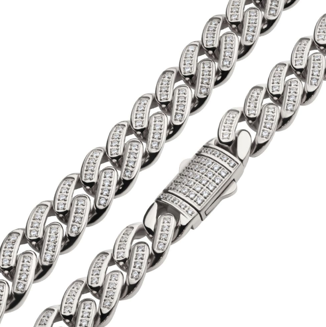 St.St. 22" 12mm Pave CZ Cuban Chain w/ Double Tab Box Clasp