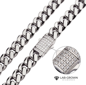 St.St 24" 8mm 0.16ctw LG Diamond Cuban Chain w/Box Clasp  (35) 1mm LG RBC =0.16ctw