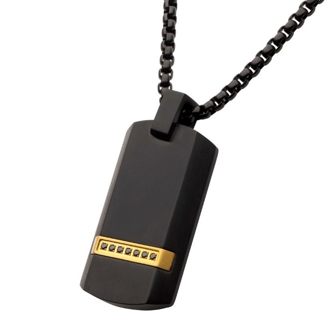 18Y Vermeil/Black IP Steel/Black Sapphire Dog Tag Pendant with 24" 1.3mm Box Chain