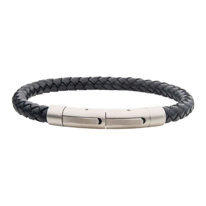 8-8.5'' St,St, Black Full Grain Cowhide Leather Bracelet