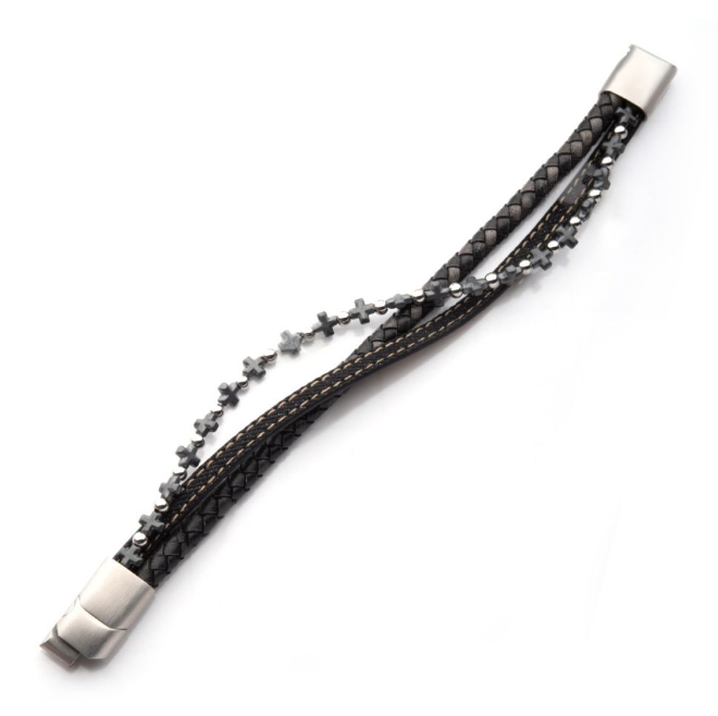 8-8.5'' Multi-Strand Bracelet Denim, Blk & BrwnLeather w/ Hematite Bead
