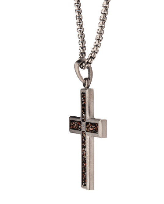 St. St. Matte Finish Black Dinosaur Bone Inlay with CZ Cross Pendant  with 24" Box Chain