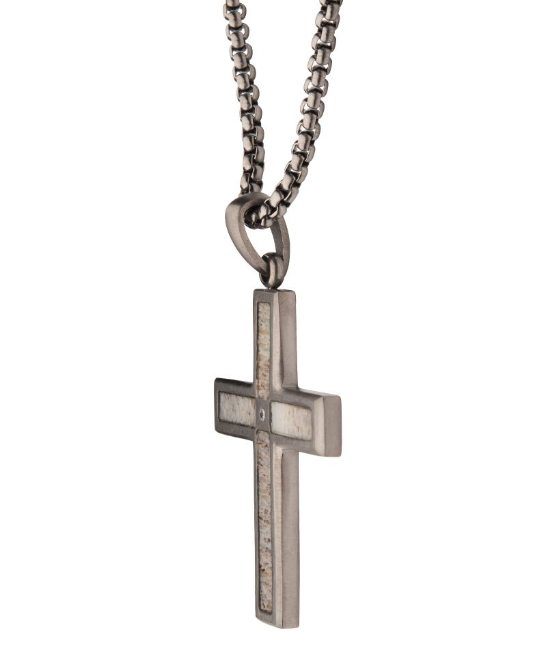 St. St. Matte Finish Deer Antler Inlay with CZ Cross Pendant  with 24" Box Chain