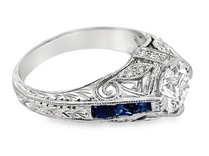 18W Lab Grown Center Antique Engagement Ring with Blue Sapphire and Diamonds sz 6.5