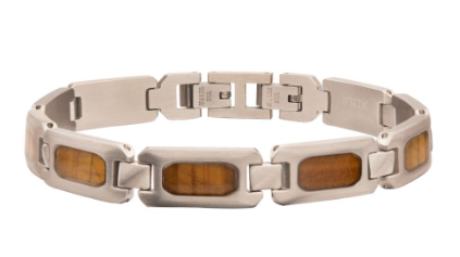 Stainless Steel Matte Finish Tiger Eye Inlay Sizeable Link Bracelet
