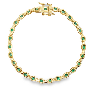 14Y Alternating Cushion Shaped Bezels with Round Emeralds and Round Solid Section Bracelet