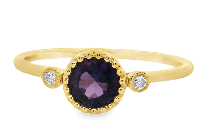 14Y 5mm Round Amethyst Ring with Bezel Set Round Diamonds with Miligrain sz 6.75