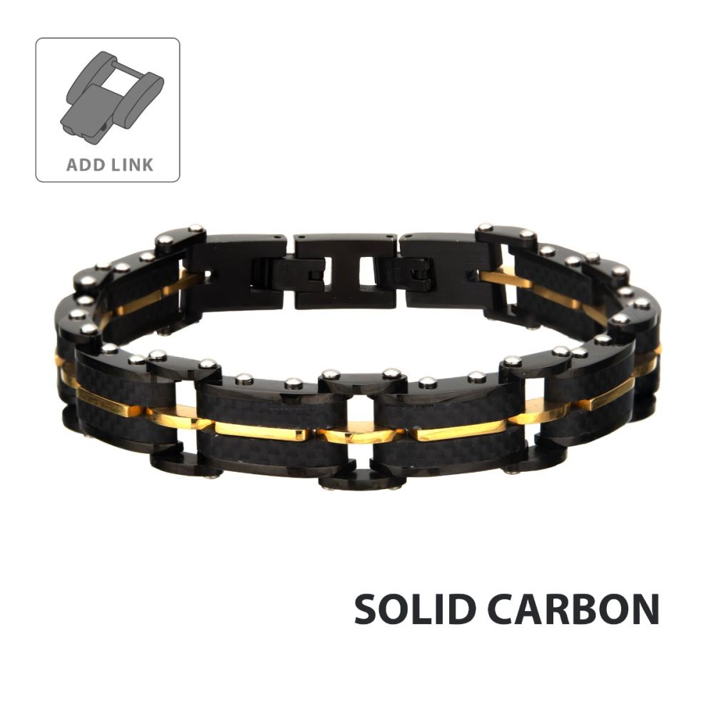 Stainless Steel Black Carbon Fiber and Gold Colored Link Bracelet
