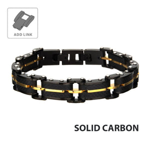 Stainless Steel Black Carbon Fiber and Gold Colored Link Bracelet