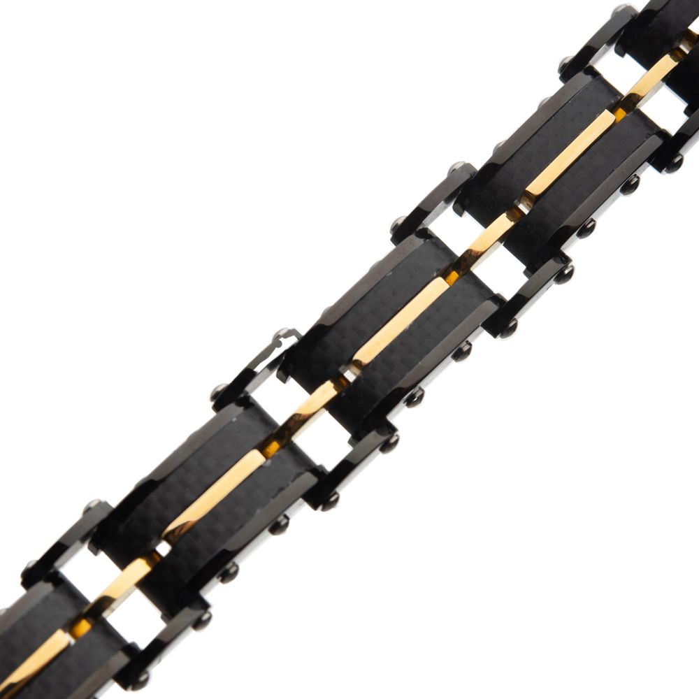 Stainless Steel Black Carbon Fiber and Gold Colored Link Bracelet