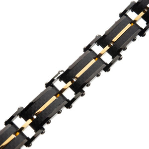 Stainless Steel Black Carbon Fiber and Gold Colored Link Bracelet